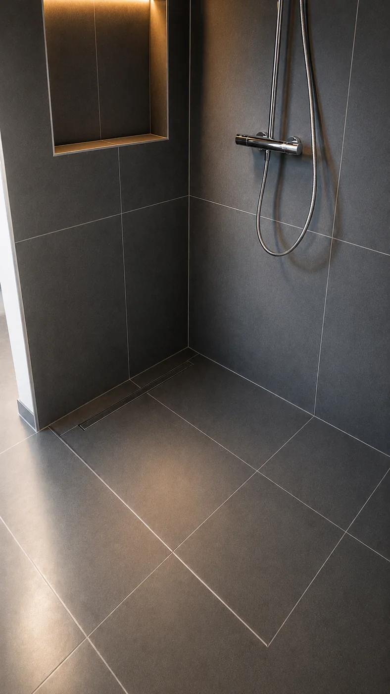 Dusche mit dunklen Fliesen